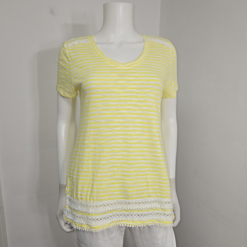 Talbots Yellow White Stripe Top T-Shirt Crochet Lace Short Sleeve Size MP Petite